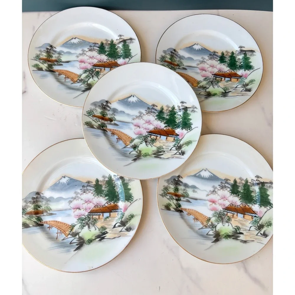 Hayasi Fine China Japan Mt Fuji Cherry Blossom Plates Set of 5 Vintage 6.25in